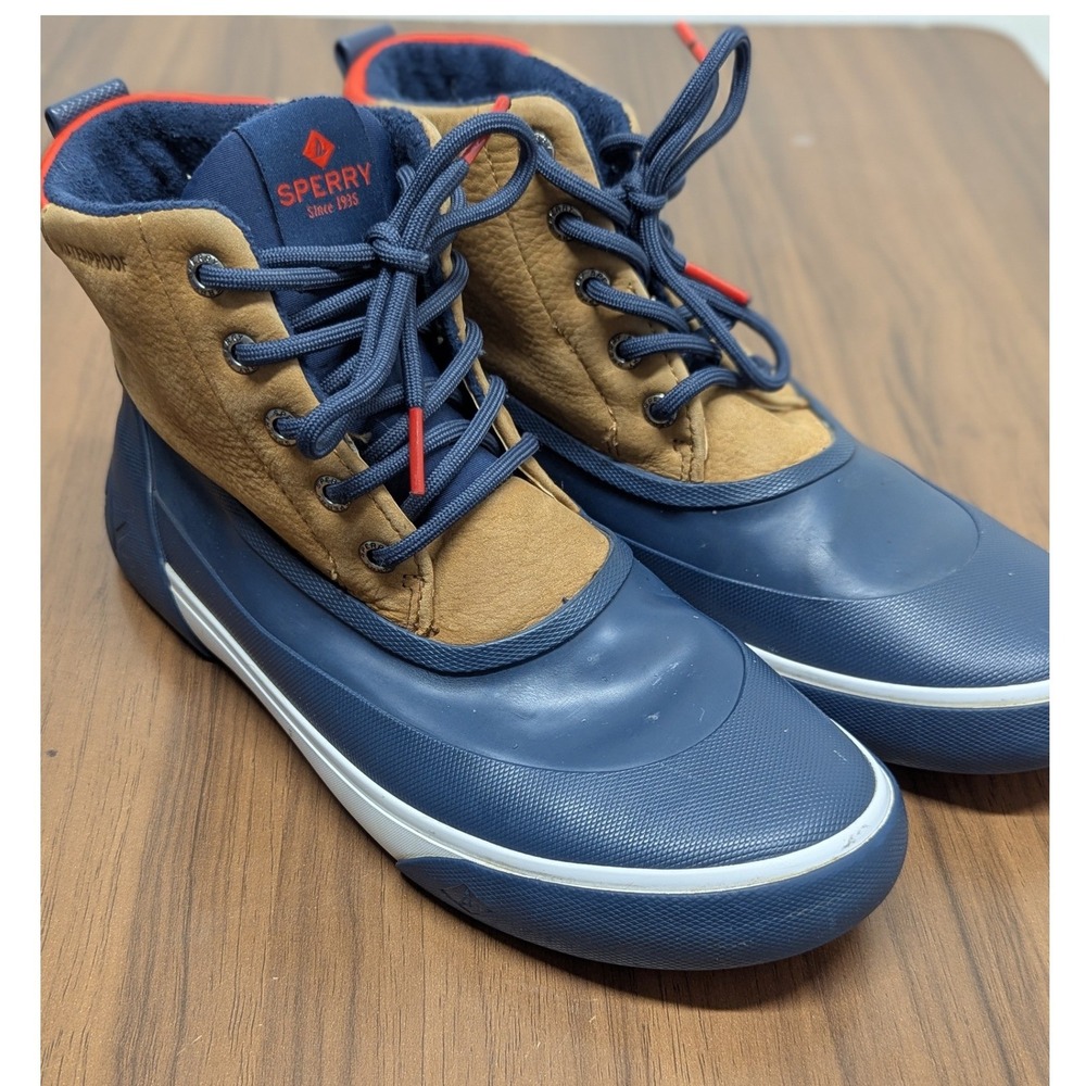Sperry Avenue Duck Boots Mens 8 Navy Blue Tan Waterproof Leather STS15944